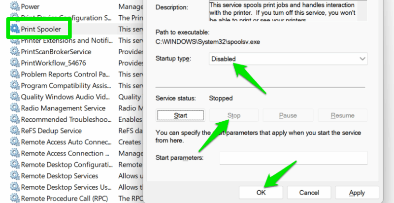 Disabling Print Spooler in Services app