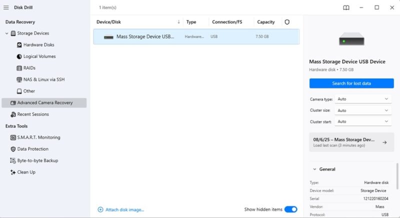Selecting options for the Advanced Camera Recovery.