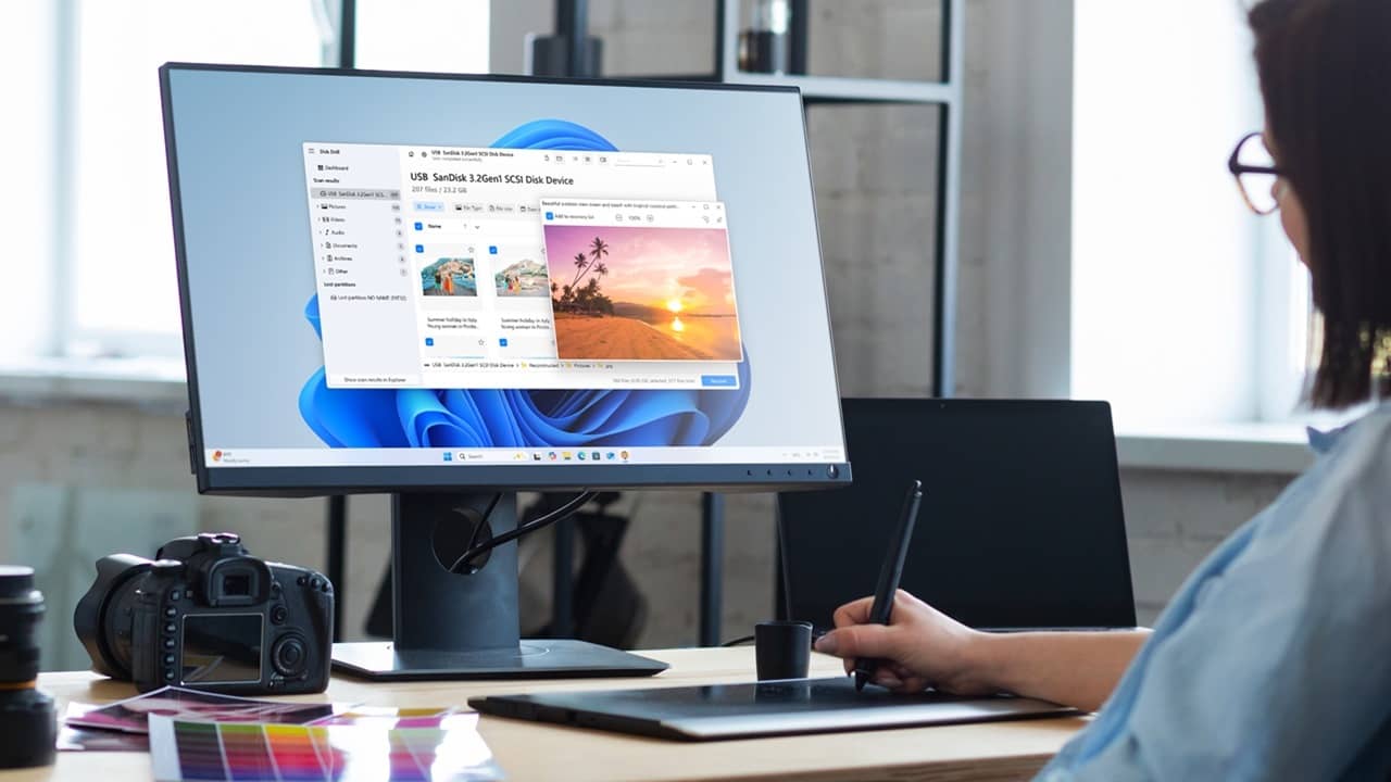 Woman using Disk Drill 6 to recover camera files.