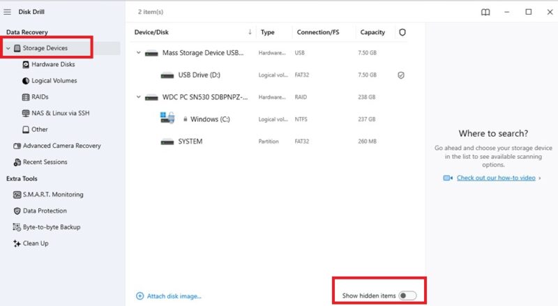 Exploring the interface and choosing a drive.