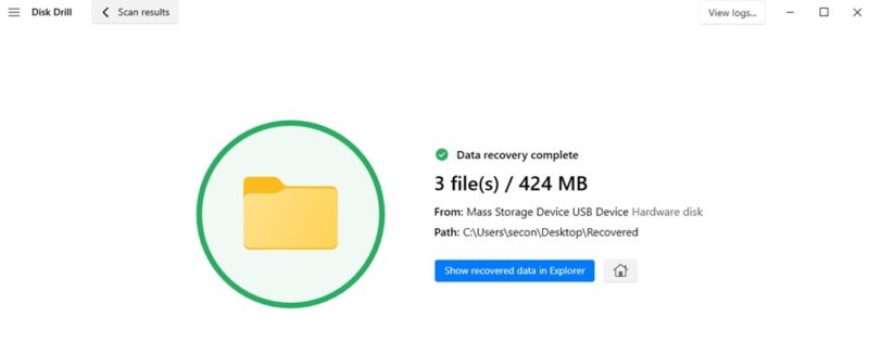 Data recovery complete notice in Disk Drill 6.