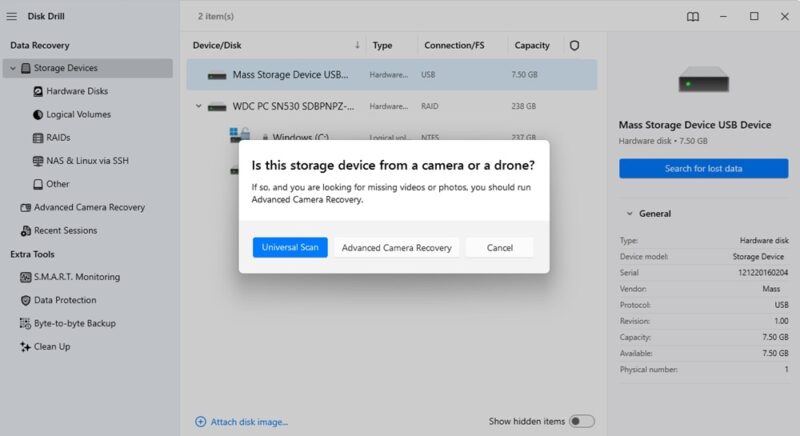 Starting a scan for a SD card.