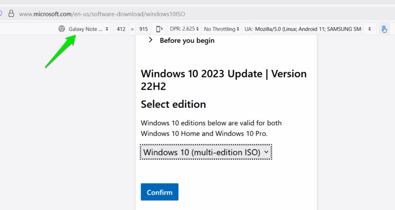 Windows 10 download page in Firefox