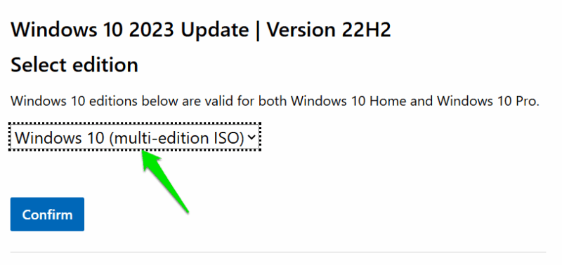 Windows 10 ISO download option on webpage