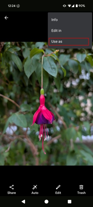 Selecting "Use as" option in Gallery app on Android phone.