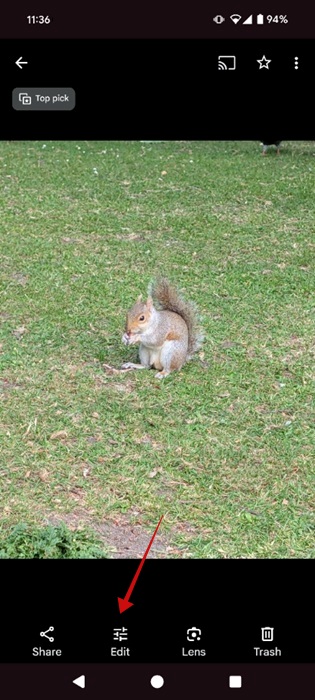 Pressing on "Edit" button in Google Photos app. 