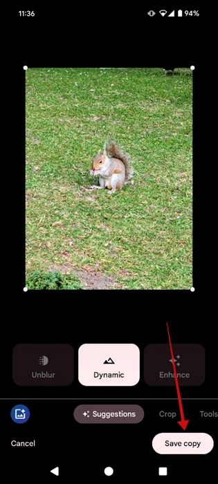 Pressing on "Save copy" button in Google Photos app after editing image.