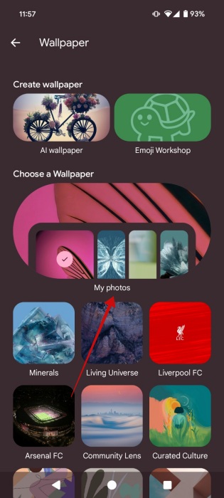 Selecting "My photos" option for new wallpaper on Android. 