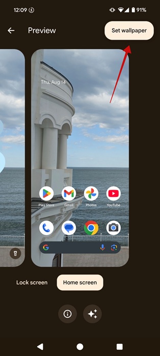 Tapping "Set wallpaper" button for new wallpaper on Android. 