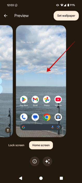 Tapping on screen preview for wallpaper on Android. 