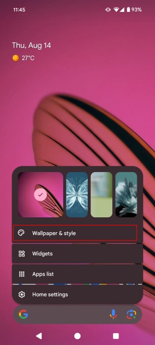 Tapping on "Wallpaper & style" in menu on Android home screen. 