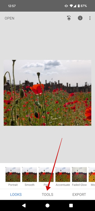 Tapping on "Tools" option in Snapseed app. 