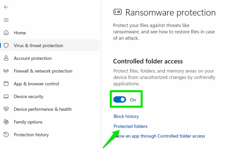 Enabling Controlled Folder Windows 11