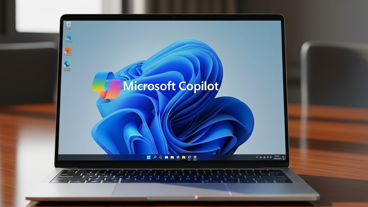 Windows 11 laptop on table with copilot icon on screen