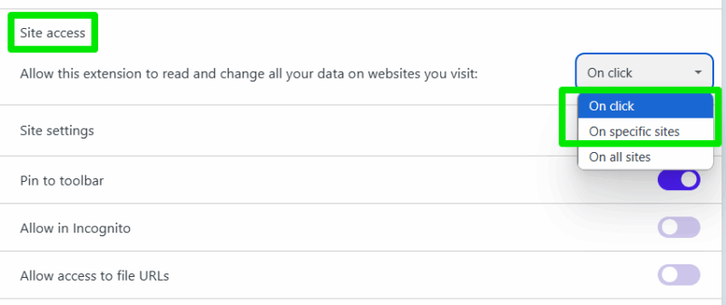 Enabling On Click in Browser site permissions