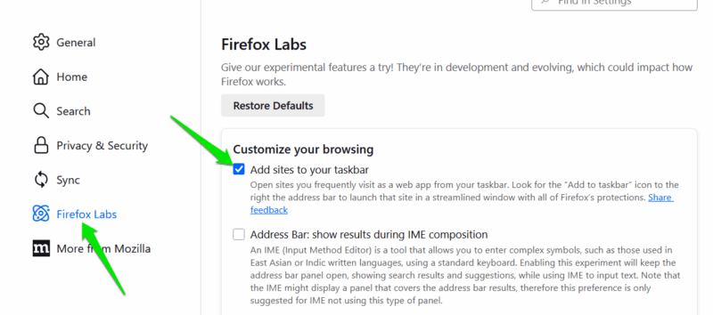 Enabling Taskbar Tabs in Firefox Labs