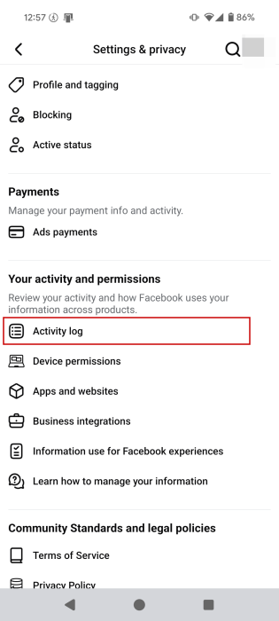 Selecting "Activity Log" in Facebook Settings page on mobile.
