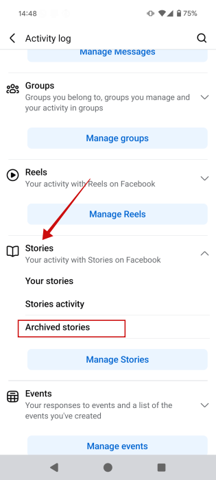 Accessing "Archived Stories" option in Facebook Activity tab on mobile.
