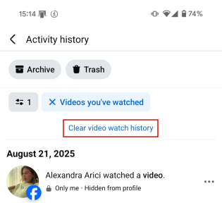 Tapping on "Clear video watch history" in Facebook Activity tab on mobile.