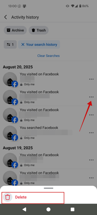 Deleting single search history item in Facebook Activity tab on mobile.