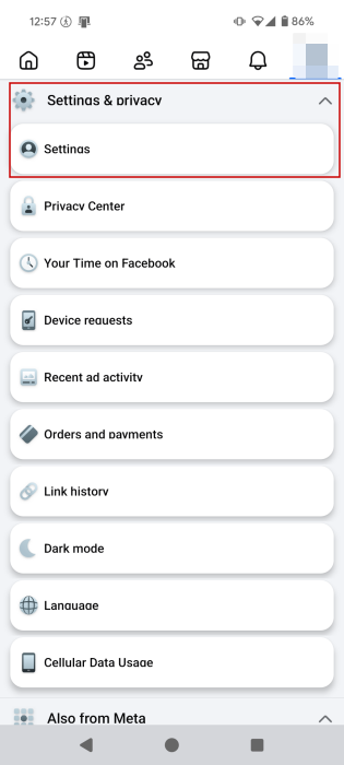 Tapping on "Settings" in Facebook mobile app.
