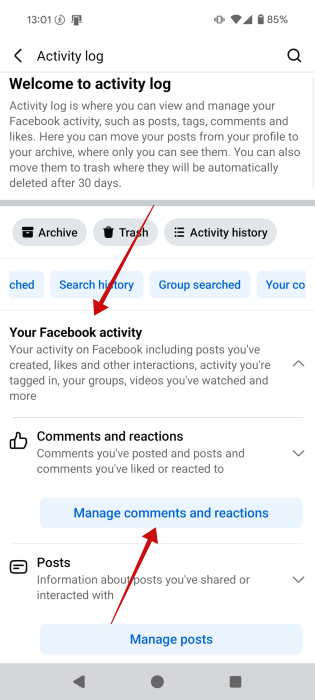 Accessing "Your Facebook activity" on Facebook on mobile.
