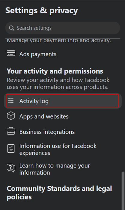 Accessing "Activity log" on Facebook on PC.