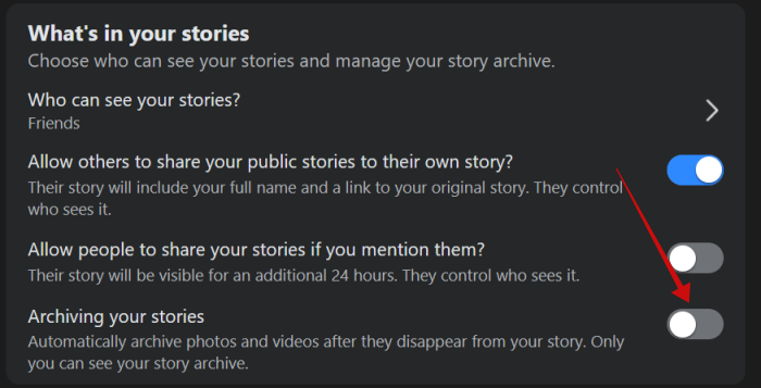 Turning off the archiving of stories in Facebook on PC.