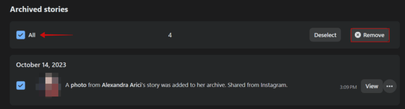 Deleting all archived stories from Facebook on PC.