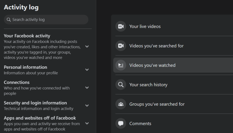 Activity log category view on Facebook on PC.