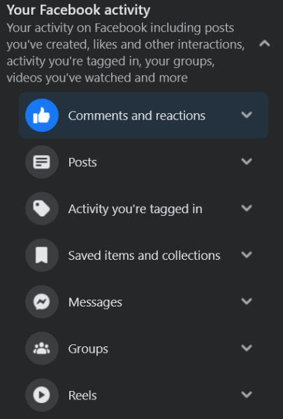 Additional history categories shown on Facebook on PC.