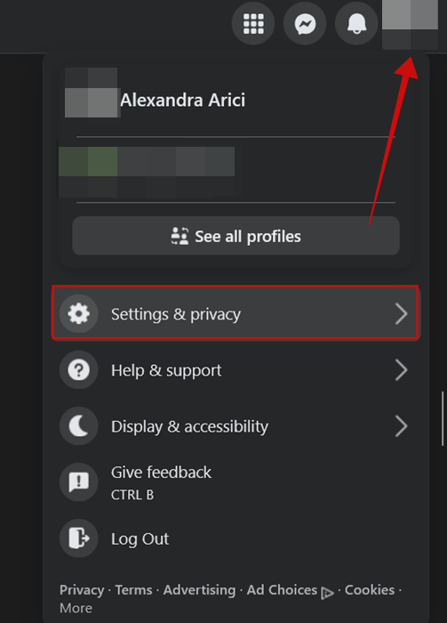 Accessing "Settings & privacy" in Facebook on PC.