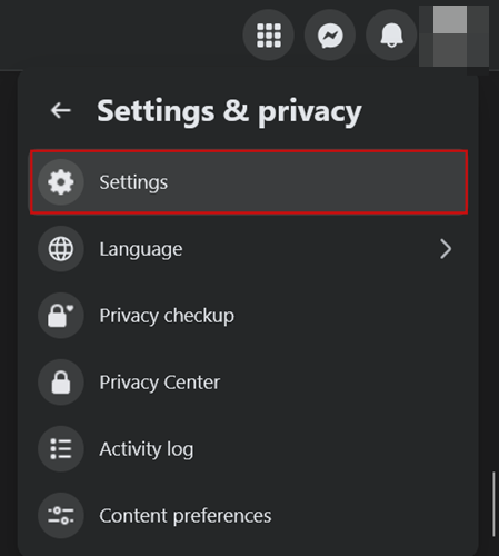 Clicking on Settings in Facebook on PC.