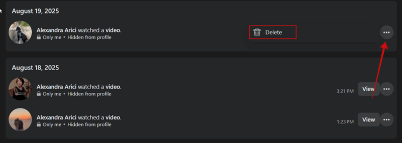 Deleting single video from watch history on Facebook on PC.