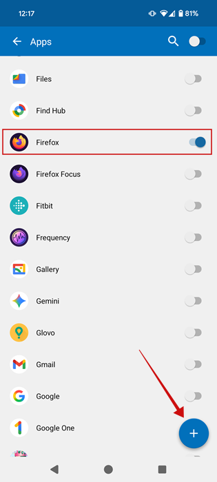 Adding Firefox app to vault in AppLock. 