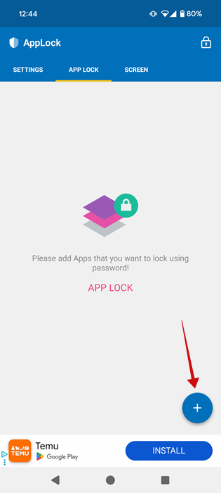 Tapping on + button in AppLock to add new app to vault. 