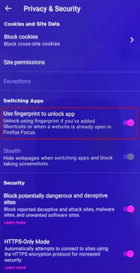 Tuning on "Use fingerprint to unlock app" in Firefox Focus on Android. 