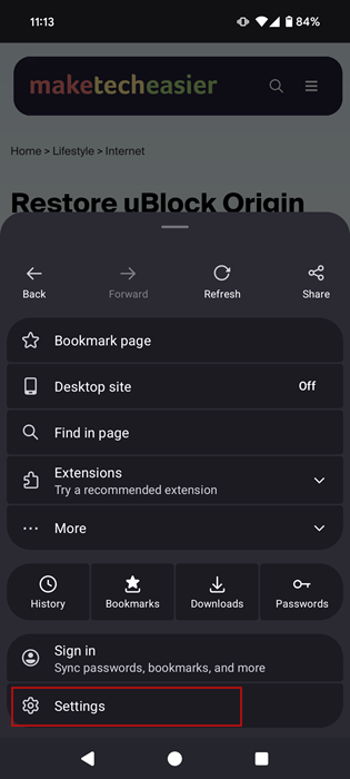 Selecting Settings option in Firefox for Android. 