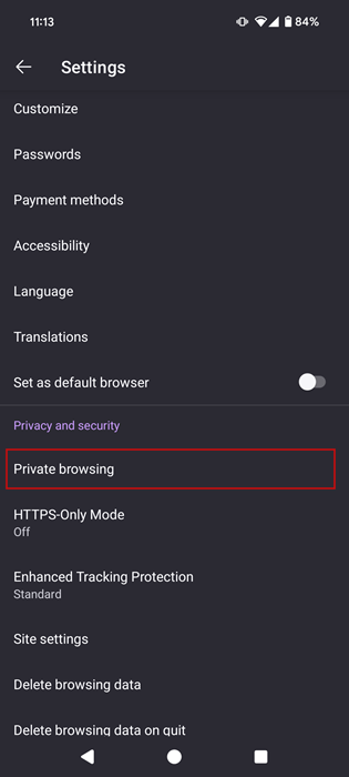 Navigating to "Private browsing" in Firefox for Android. 