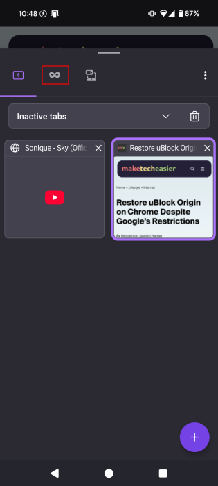 Switching to Private tab in Firefox for Android.