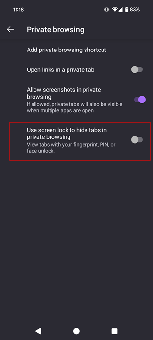 Enabling option to "Use screen lock to hide tabs in private browsing" in Firefox on Android. But