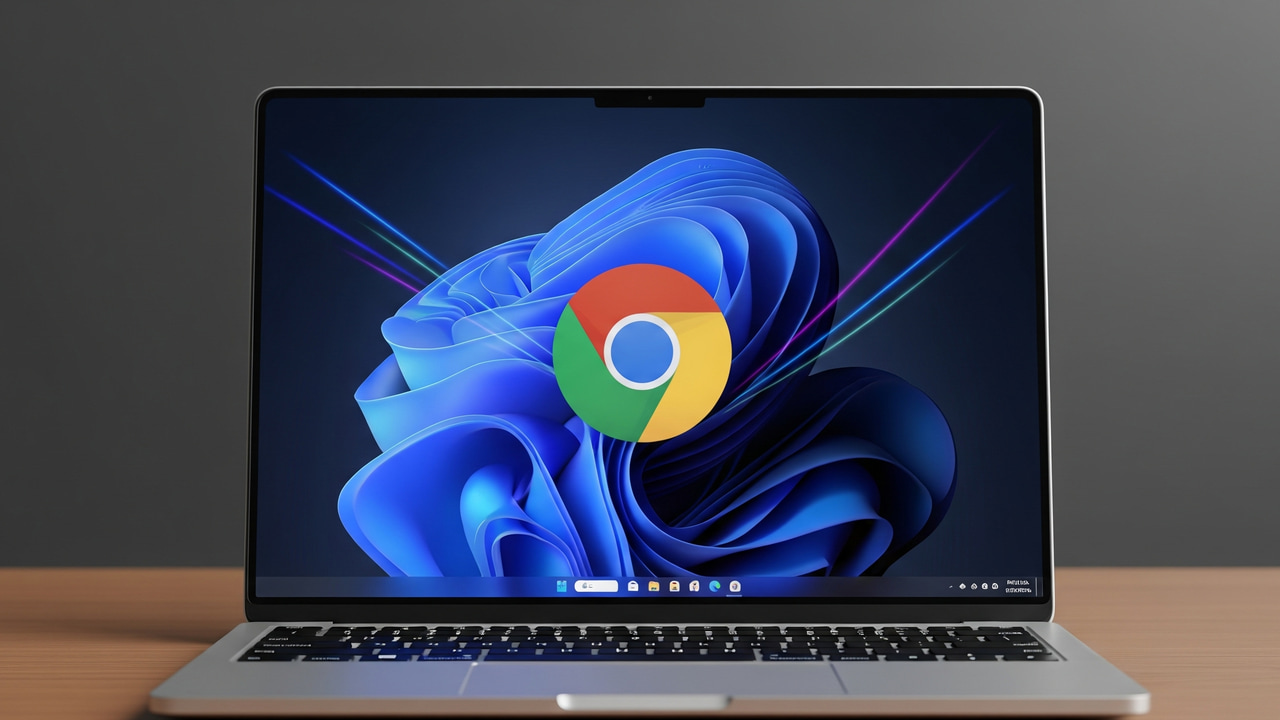 Windows 11 laptop on a table with Chrome icon and a gray background