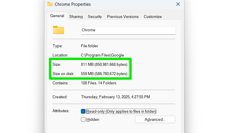 Compressed folder size and size on disk