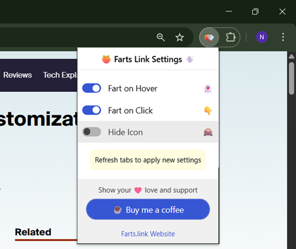 Fart Attack extension settings view in Chrome browser. 