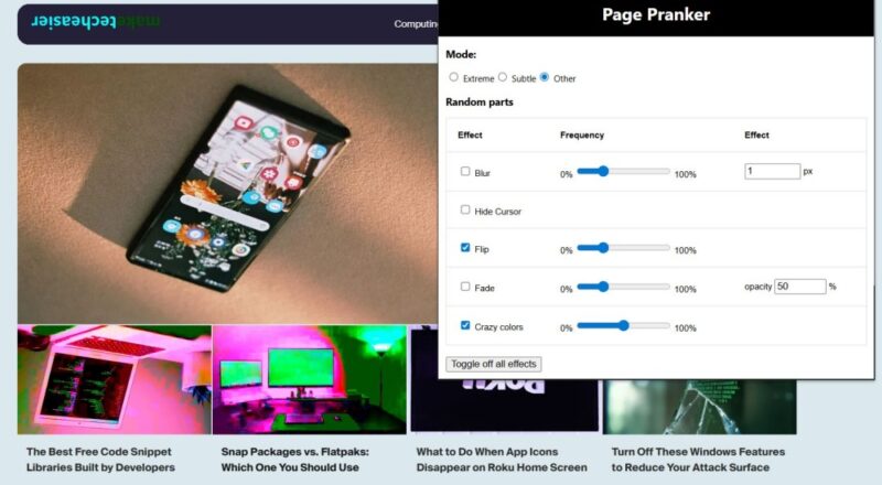 Page Pranker extension activated on webpage in Chrome. 