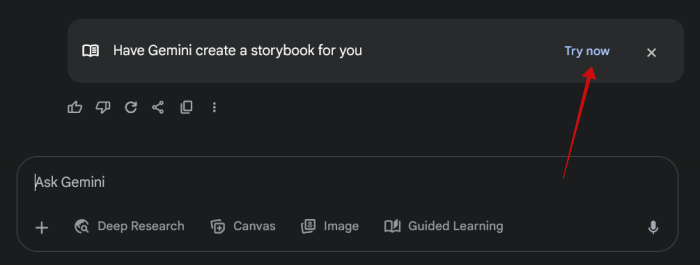 Tapping "Try now" button to "Have Gemini create a story book for you" on the web. 