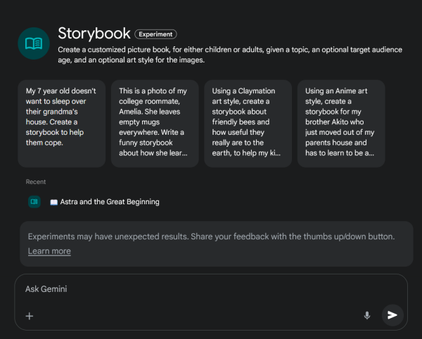 Storybook Experiment page in Gemini showing suggestions how to use the feature. 