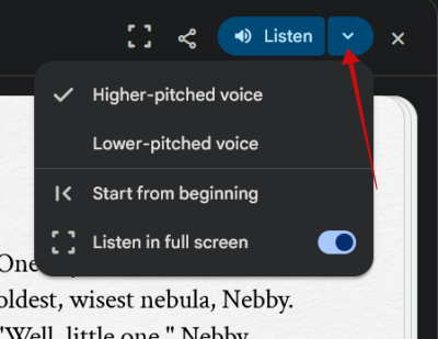 Having the storybook read out loud to you in Gemini on the web.