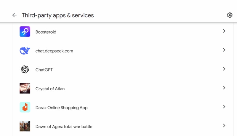 Google Account Connected Apps list
