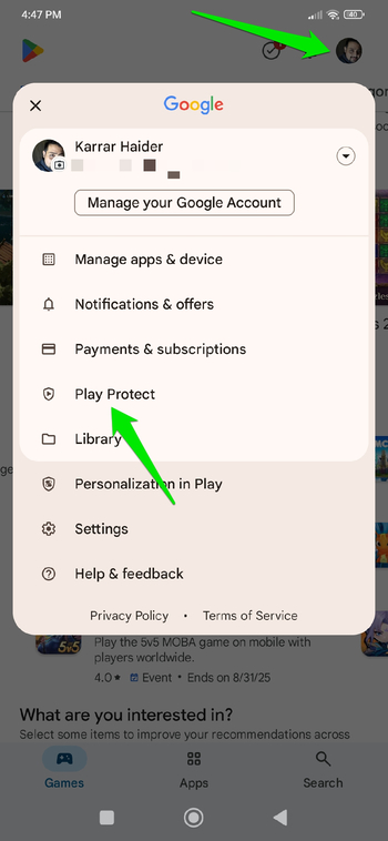 Play Protect option in Google Play Store menu